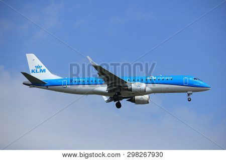 Amsterdam, The Netherlands - July 21st 2016: Ph-ezn Klm Cityhopper Embraer Erj-190std, Approaching P