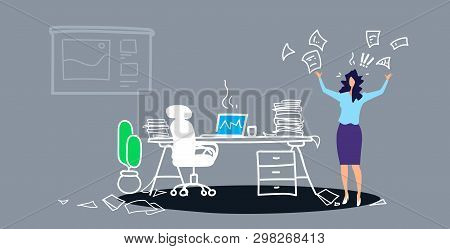 Unsatisfied Woman Boss Throwing Papers Documents Tired At Work Concept Angry Businesswoman Employer 
