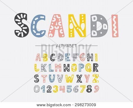 Scandinavian Colorful Font. Vector Childish Hand Drawn Alphabet. Hygge Style Letters, Numbers And Sy