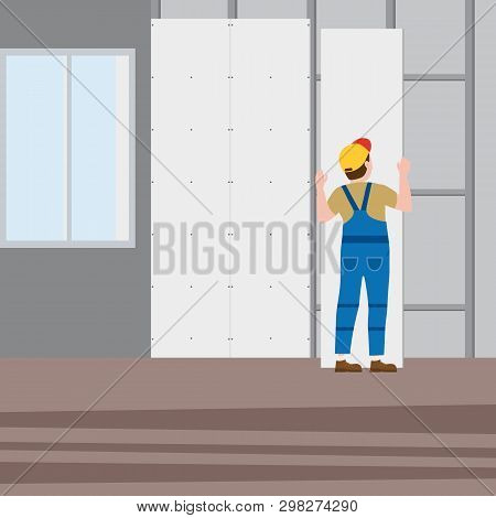 Professional Worker Man Installing Gypsum Plasterboard Panels In The Interior. Vector Illustration, 
