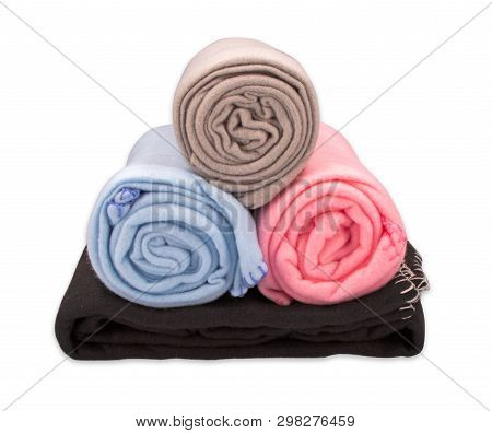 Fleece Bedspreads. Four Colors. Isolated Image On White Background.
