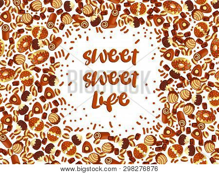 Chocolate Candy Frame Of Choco Candies On White Background. Chocolate Candy Banner, Top View, Flat L