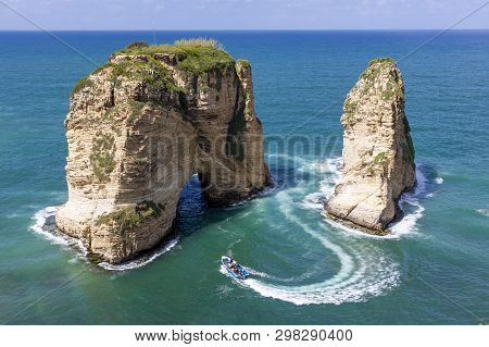 Rouche Rocks In Beirut, Lebanon In The Sea During Daytime. Pigeon Rocks In Mediterranean Sea.
