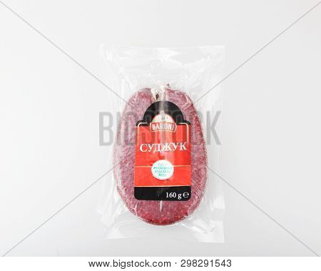 Pomorie, Bulgaria - April 26, 2019: Flat Sausage Baroni.