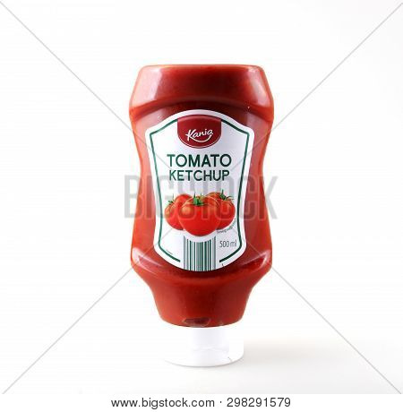Pomorie, Bulgaria - April 26, 2019: Tomato Ketchup - Kania - 500 Ml Against White Background.