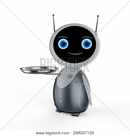 3d Rendering Mini Robot Holding Serving Tray