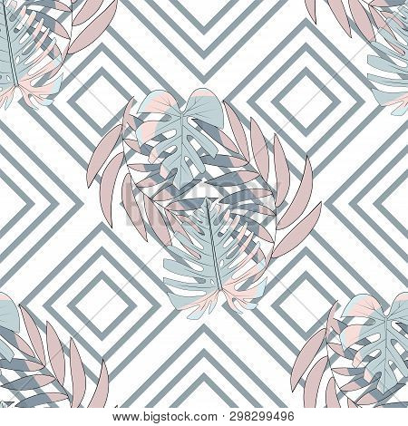 Geometry Background Seamless Pattern With Tropical Exotical Leaves. Peach And Green Monstera Leaves 
