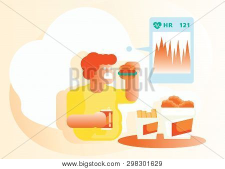 Heart Rate Check When Fat Boy Eat Junk Food Vector Illustration Background