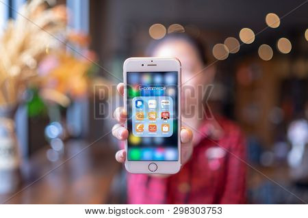 Chiang Mai, Thailand - Apr.08,2019: Woman Holding Apple Iphone 6s Rose Gold Icons Of E-commerce And 