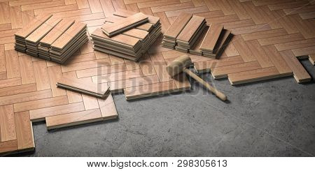 Wood parquet laid on the floor. House construction and renovation concept. 3d illustration