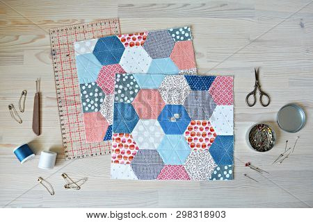 Working Process: Hexagon Quilt, Threads, Retro Scissors, Pins, Metal Jar, Quilting Ruler And Seam Ri