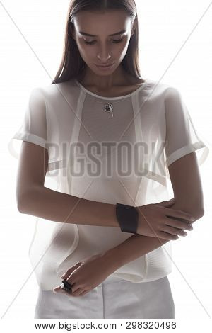 Fashionable Futuristic Model On White Light