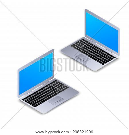 Isometric Laptop With Blank Screen Isolated On White Background. Realistic 3d Computer Laptop Mockup