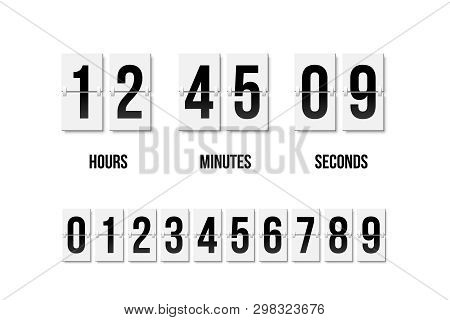Flip Clock Showing How Much Time: Hours, Minutes And Seconds. Flip Board With Black Numbers In Retro
