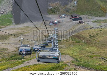 Sochi, Russia-september 30, 2017: Mountain Landscape With Rocky Slopes And The Cable Car In Krasnaya
