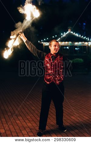 Semigorye, Ivanovo Oblast, Russia - June 26, 2018: Fire Show. Professional Male Dancer Fakir With A 