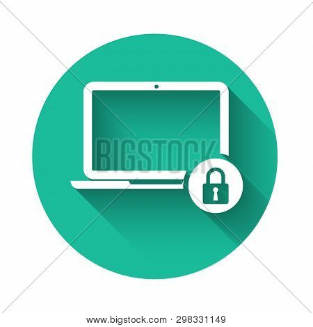 White Laptop And Lock Icon Isolated With Long Shadow. Computer And Padlock. Security, Safety, Protec