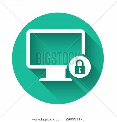 White Lock On Computer Monitor Screen Icon Isolated With Long Shadow. Monitor And Padlock. Security,