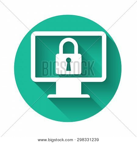 White Lock On Computer Monitor Screen Icon Isolated With Long Shadow. Monitor And Padlock. Security,