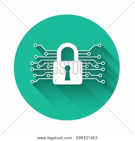 White Cyber Security Icon Isolated With Long Shadow. Closed Padlock On Digital Circuit Board. Safety