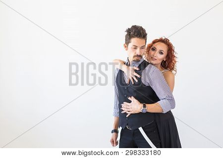 Social Dance, Bachata, Kizomba, People Concept - Young Pretty Woman In Pink Dress And Man Dancing Wa