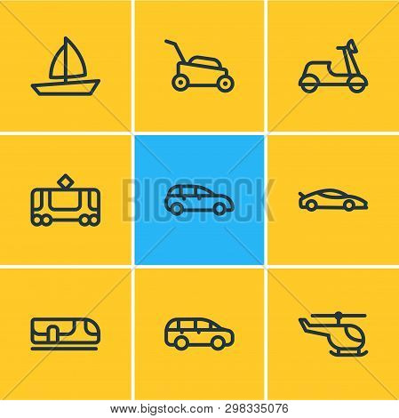 Illustration Of 9 Vehicle Icons Line Style. Editable Set Of City Car, Mpv, Lawn Mower And Other Icon