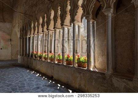 Ravello, Italy - June 16, 2017:  View Of Gothic Cloister Columns Of Villa Rufolo In Ravello, Amalfi 