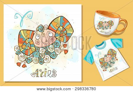 Childrens Horoscope Icon. Zodiac For Kids. Aries Sign . Vector. Astrological Symbol As Cartoon Chara