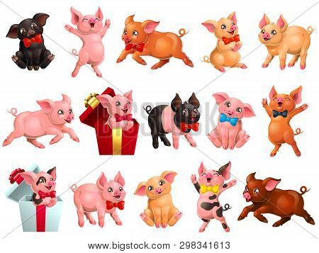 Big Set Joyful, Cute And Lovely Pigs On White