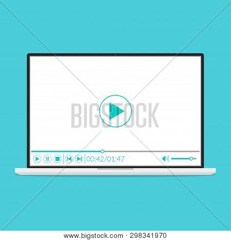 Laptop With Video Player In Minimalistic Design On Screen. Template Design For Online Video, Movies,