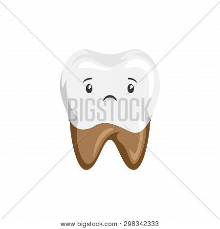 Illustration Of Sick Tooth With Caries. Children Dentistry Sad Character. Kawaii Facial Expression.