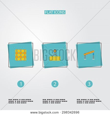 Set Of Industry Icons Flat Style Symbols With Open Barrier, Crane Hook, Tile Flooring And Other Icon