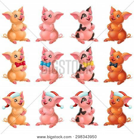 Set Lovely Pigs With Bow And Cap On White