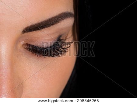 Eyelashes. Attractive Female Eye Of Young Female With Beautiful Make Up And Long Eye Lashes. Concept