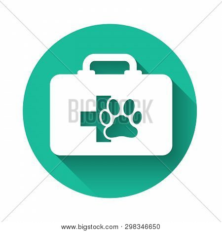 White Pet First Aid Kit Icon Isolated With Long Shadow. Dog Or Cat Paw Print. Clinic Box. Green Circ