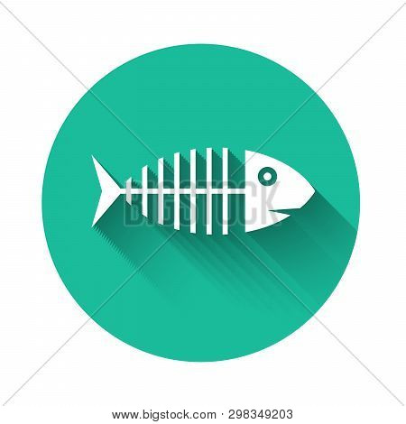 White Fish Skeleton Icon Isolated With Long Shadow. Fish Bone Sign. Green Circle Button. Vector Illu