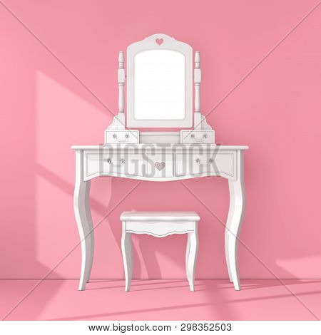 Antique Bedroom Vanity Table With Stool And Mirror In Pink Room Extreme Closeup. 3d Rendering