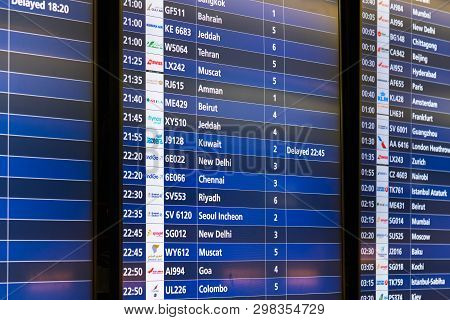 Dubai, Uae - April 2. 2019. Departure Scoreboard It Dxb International Airport