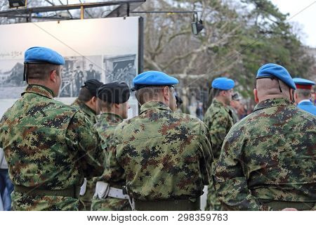 Belgrade, Serbia - February 14, 2016: Serbian Army Soldiers With Digitall Camouflage Uniforms At Kal