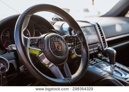 Moscow, Russia - September 14, 2018: Porshce Cayenne Interior. Black Leather Cocpit Of Premium Germa