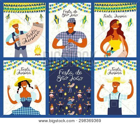 Set Of Festa Junina Designs With Dancing People, Musicians, Straw Hat, Lanterns, Bunting, Bonfire, P