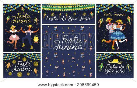 Set Of Festa Junina Designs With Dancing People, Musicians, Straw Hat, Lanterns, Bunting, Bonfire, P