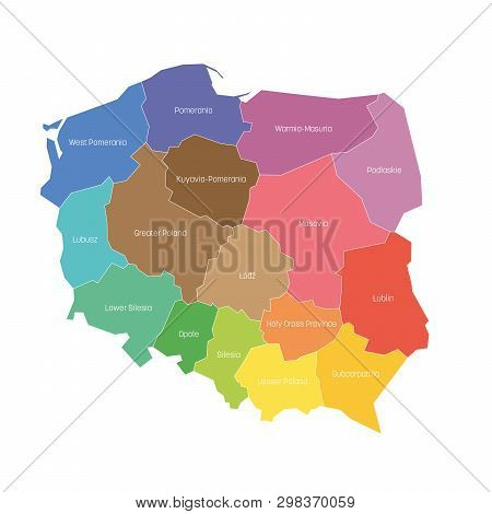 Voivodeships Of Poland. Map Of Regional Country Administrative Divisions. Colorful Vector Illustrati