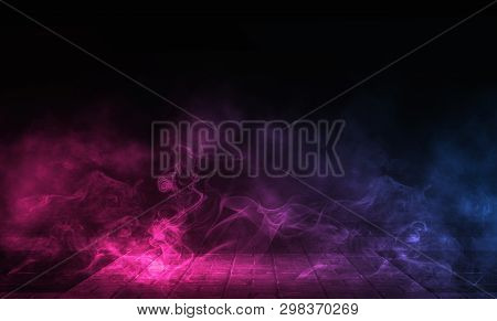 Empty Background Scene. Dark Reflection Of The Street On The Wet Asphalt. Rays Of Neon Light In The