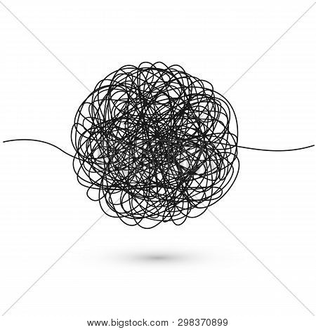 Hand Drawn Tangle Of Tangled Thread. Sketch Spherical Abstract Scribble Shape. Chaotic Black Line Do