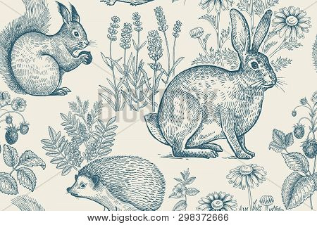 Forest Animals And Plants Seamless Pattern. Hare, Hedgehog, Squirrel, Berries Strawberry, Flowers La