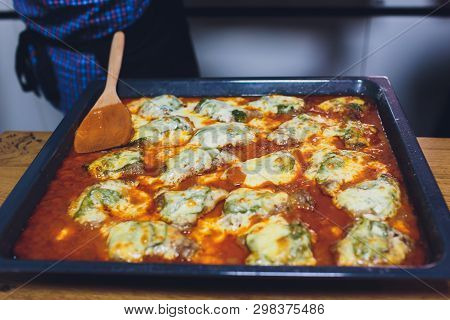 Italian Classic Dish Lasagna With Tomato Sause And Chicken.