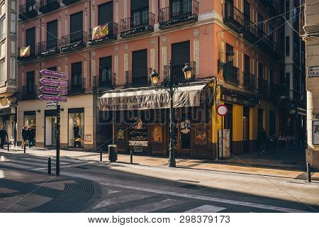 February 2019: Old Street Center Towh In Zaragoza, Spain