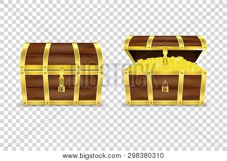 Vector 3d Realistic Closed And Opened Retro Vintage Antique Old Treasure Wooden Pirate Dower Chest W