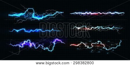 Lightning Various Colors Set, Glowing Thunderbolt And Brightning Power Shock Magic Lines On Black Ba